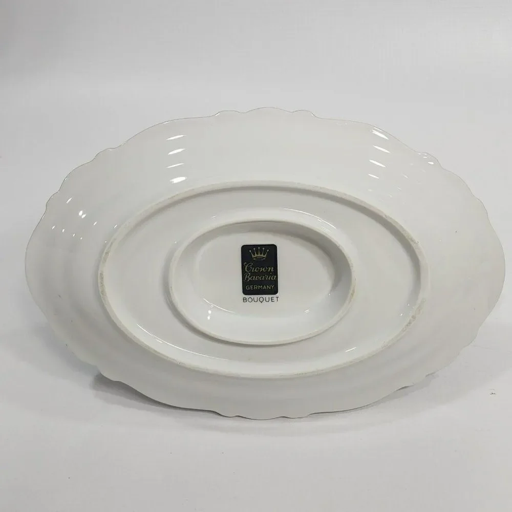 Crown‎ Bavaria Gravy Boat w Attached Underplate Germany Silver Trim Bouquet